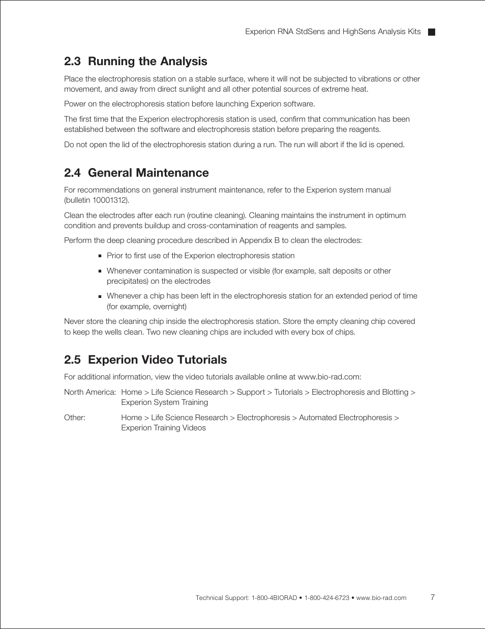 3 running the analysis, 4 general maintenance, 5 experion video tutorials | Bio-Rad Experion RNA Analysis Kits User Manual | Page 11 / 64