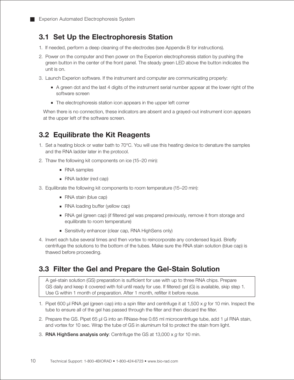 1 set up the electrophoresis station, 2 equilibrate the kit reagents | Bio-Rad Experion RNA Analysis Kits User Manual | Page 14 / 64