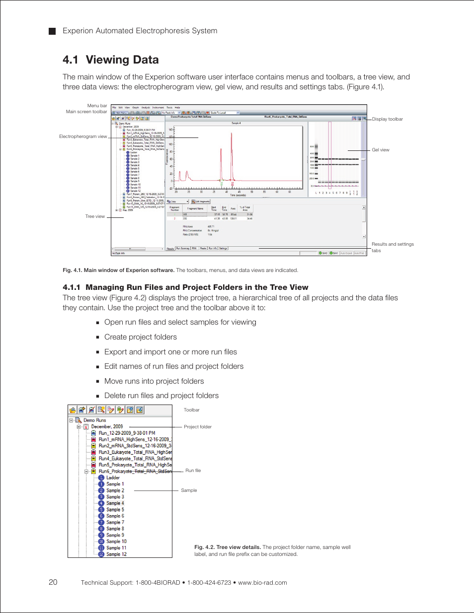 1 viewing data, Open run files and select samples for viewing, Create project folders | Export and import one or more run files, Edit names of run files and project folders, Move runs into project folders, Delete run files and project folders, Experion automated electrophoresis system | Bio-Rad Experion RNA Analysis Kits User Manual | Page 24 / 64