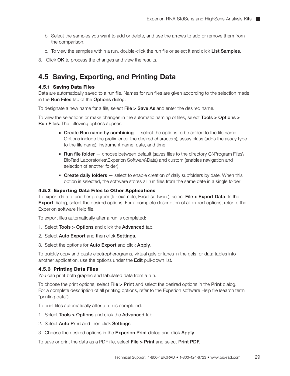5 saving, exporting, and printing data, 1 saving data files, 2 exporting data files to other applications | 3 printing data files | Bio-Rad Experion RNA Analysis Kits User Manual | Page 33 / 64