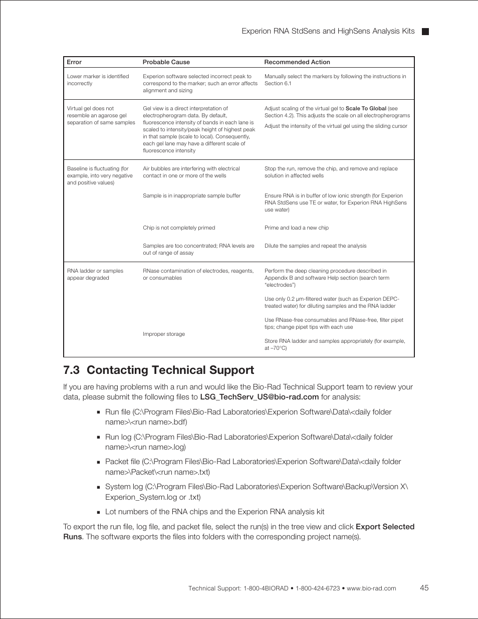 3 contacting technical support | Bio-Rad Experion RNA Analysis Kits User Manual | Page 49 / 64