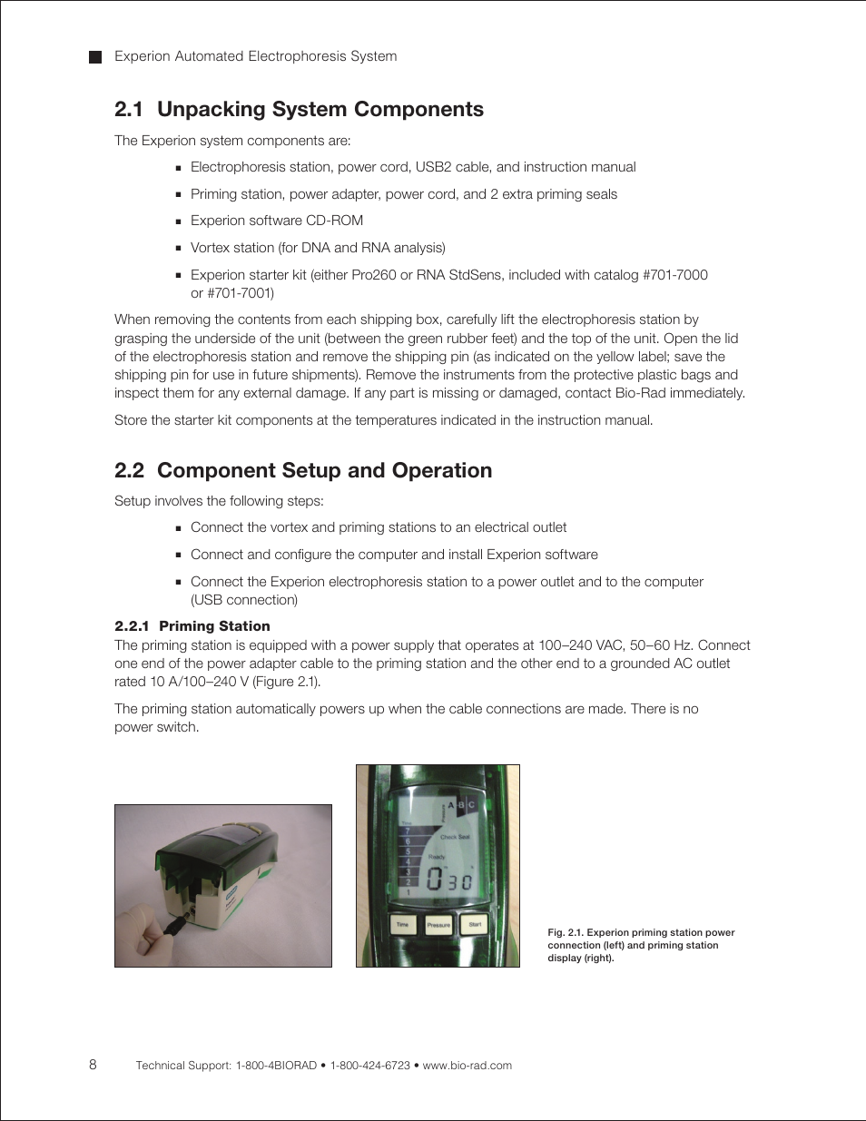 1 unpacking system components, 2 component setup and operation, 1 priming station | Bio-Rad Experion DNA Analysis Kits User Manual | Page 12 / 44