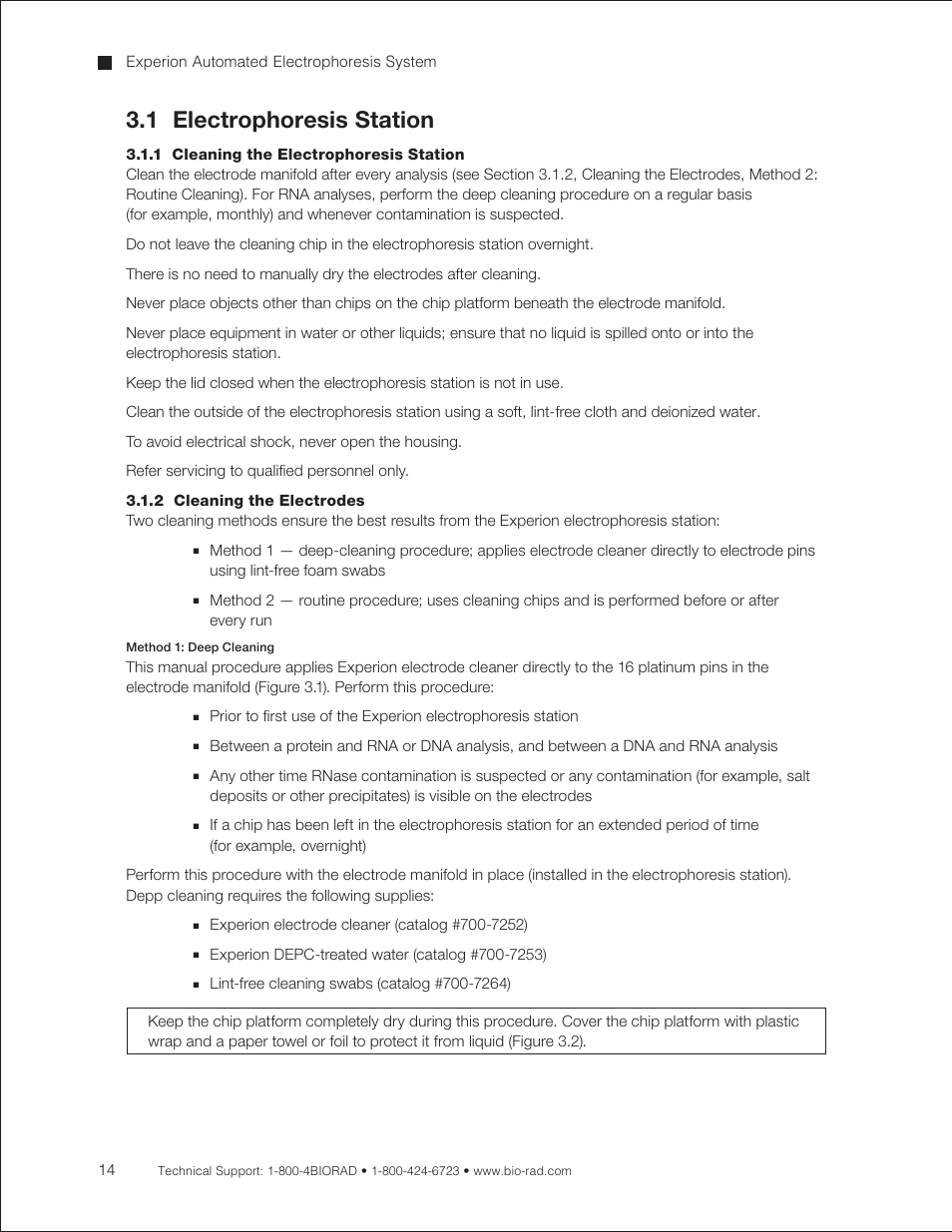 1 electrophoresis station, 1 cleaning the electrophoresis station, 2 cleaning the electrodes | Bio-Rad Experion DNA Analysis Kits User Manual | Page 18 / 44