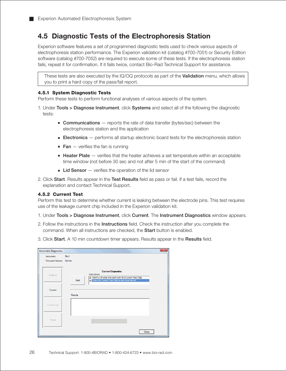 5 diagnostic tests of the electrophoresis station, 1 system diagnostic tests, 2 current test | Bio-Rad Experion DNA Analysis Kits User Manual | Page 30 / 44