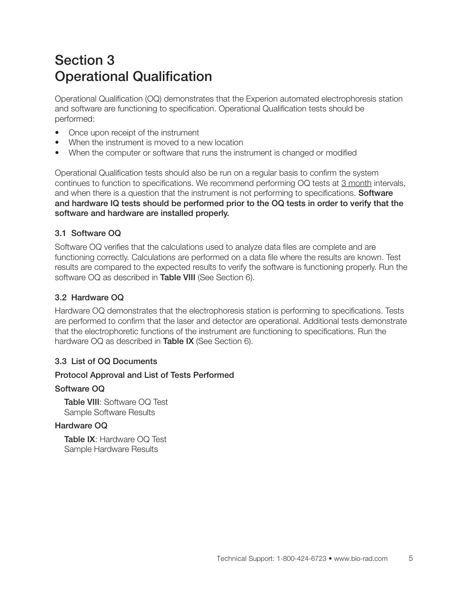 Section 3 operational qualification (oq), 1 software oq, 2 hardware oq 3.3 list of oq documents | Bio-Rad Experion DNA Analysis Kits User Manual | Page 13 / 36