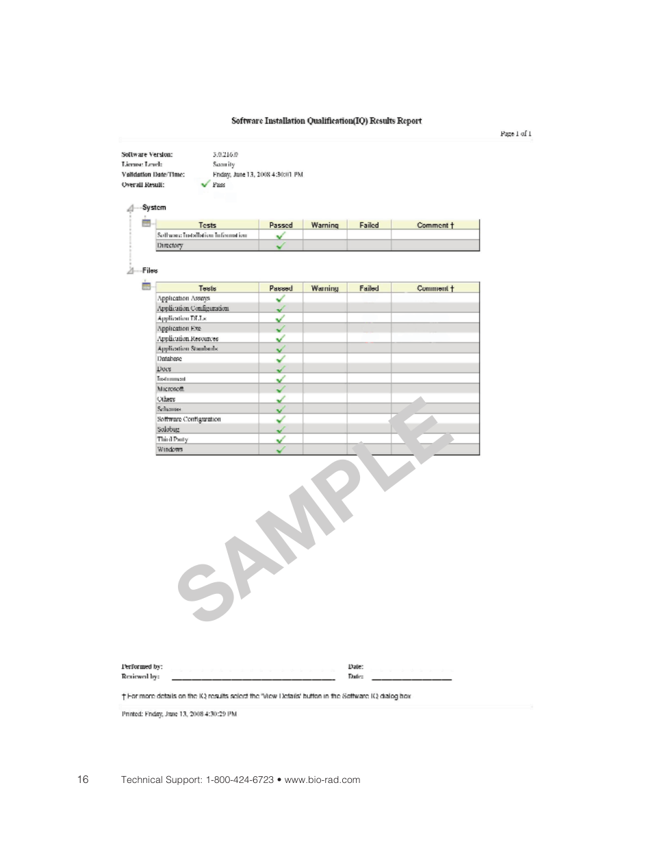 Software installation qualification results, Sample | Bio-Rad Experion DNA Analysis Kits User Manual | Page 24 / 36