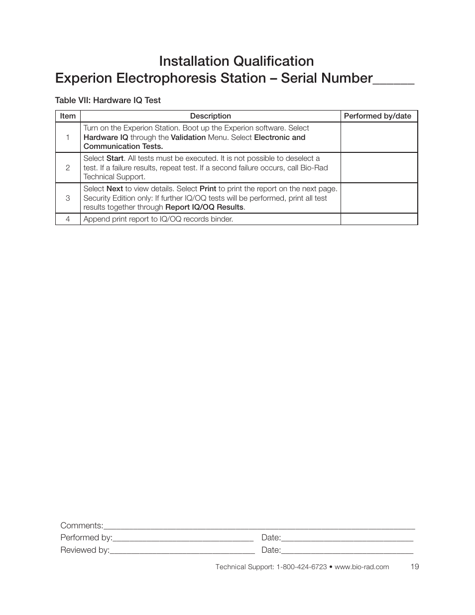 Table vii: hardware iq test | Bio-Rad Experion DNA Analysis Kits User Manual | Page 27 / 36