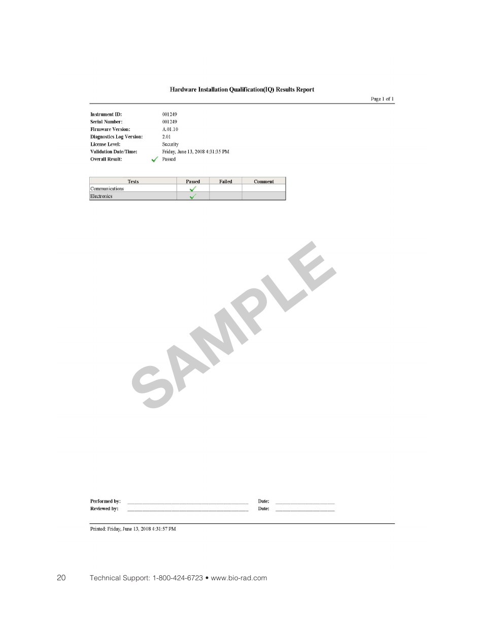 Hardware installation qualification results, Sample | Bio-Rad Experion DNA Analysis Kits User Manual | Page 28 / 36