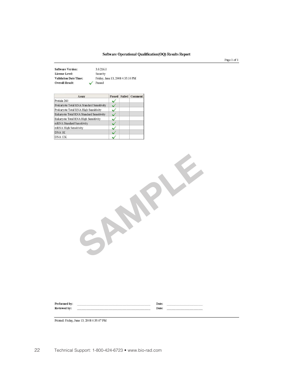 Software operation qualification results, Sample | Bio-Rad Experion DNA Analysis Kits User Manual | Page 30 / 36
