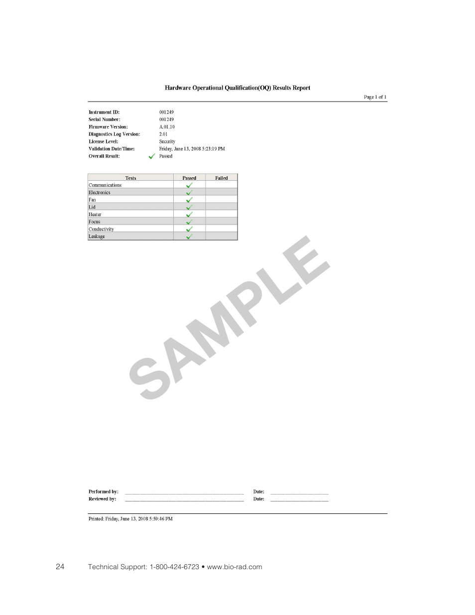 Hardware operation qualification results, Sample | Bio-Rad Experion DNA Analysis Kits User Manual | Page 32 / 36