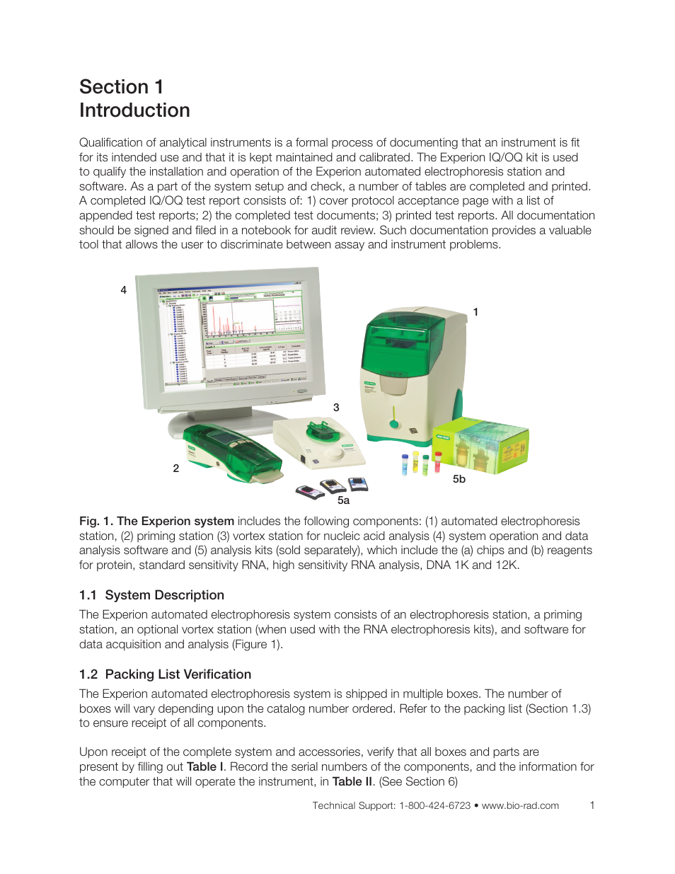 Section 1 introduction, 1 system description 1.2 packing list verification | Bio-Rad Experion DNA Analysis Kits User Manual | Page 9 / 36