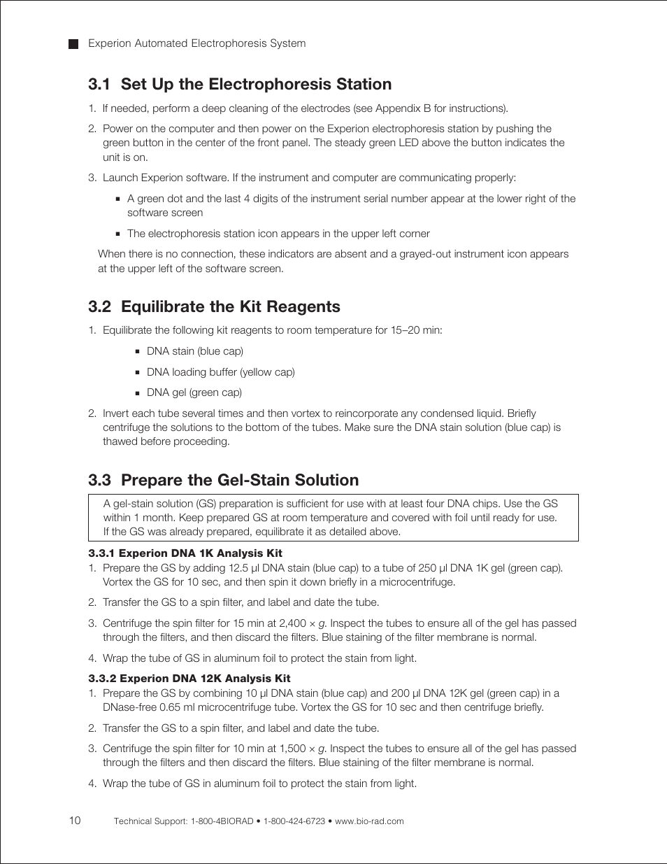 1 set up the electrophoresis station, 2 equilibrate the kit reagents, 3 prepare the gel-stain solution | 1 dna 1k analysis kit, 2 dna 12k analysis kit, 1 experion dna 1k analysis kit, 2 experion dna 12k analysis kit | Bio-Rad Experion DNA Analysis Kits User Manual | Page 14 / 60