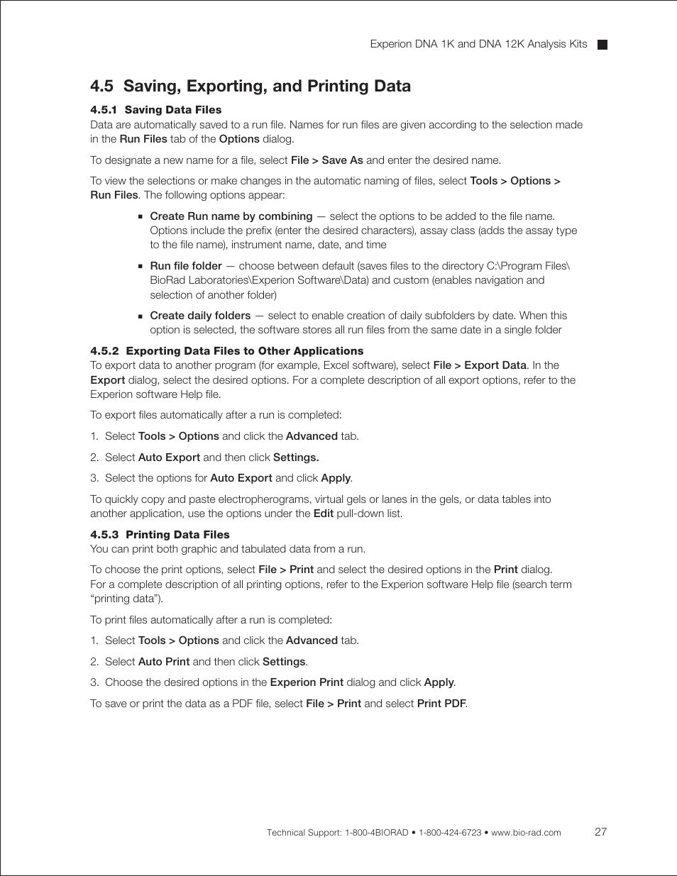 5 saving, exporting, and printing data, 1 saving data files, 2 exporting data files to other applications | 3 printing data files | Bio-Rad Experion DNA Analysis Kits User Manual | Page 31 / 60