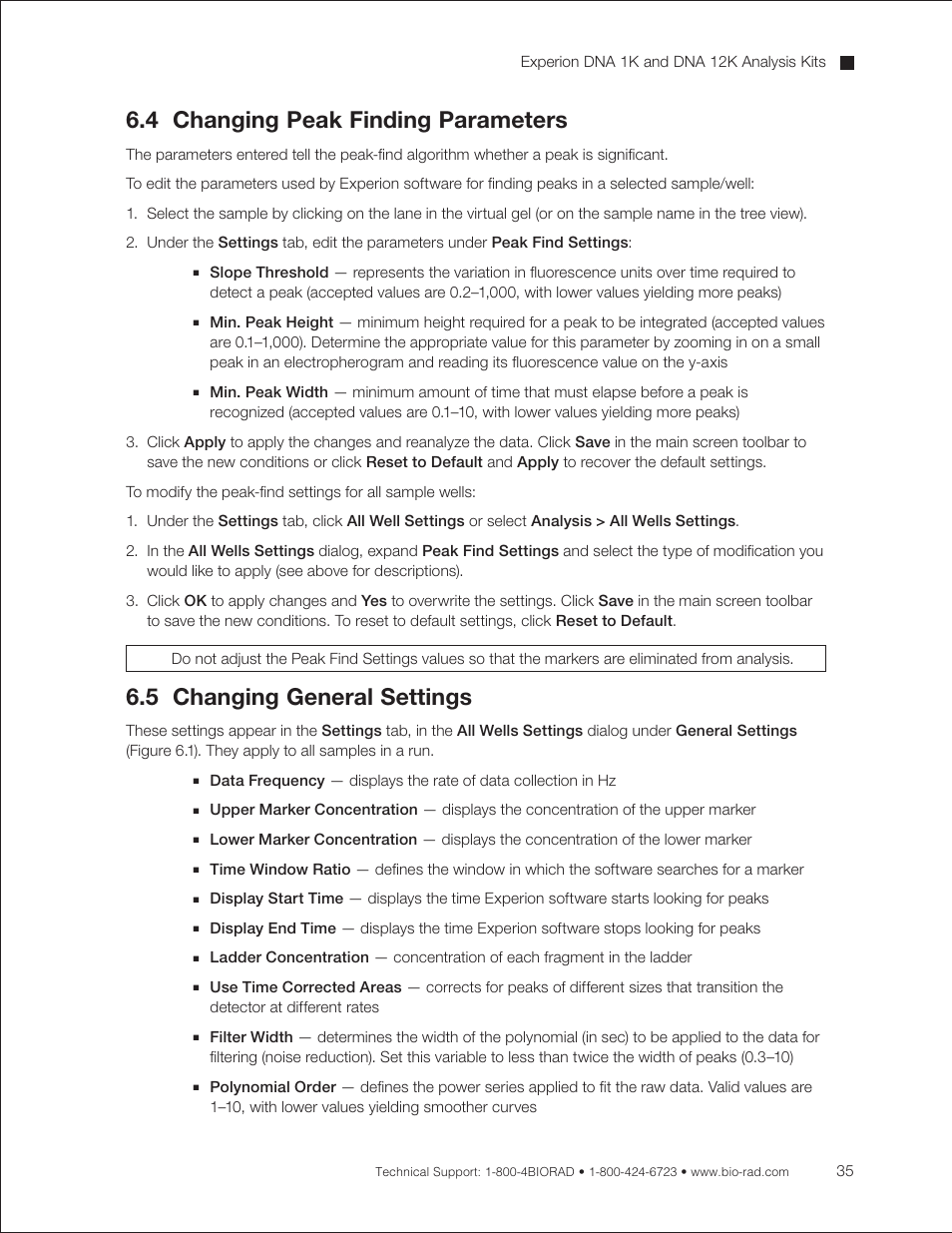 4 changing peak finding parameters, 5 changing general settings | Bio-Rad Experion DNA Analysis Kits User Manual | Page 39 / 60