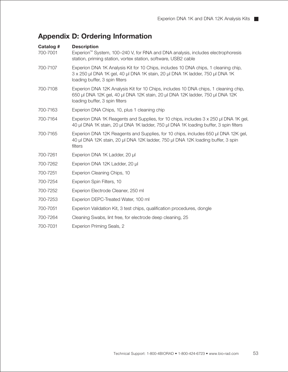 Appendix d: ordering information | Bio-Rad Experion DNA Analysis Kits User Manual | Page 57 / 60