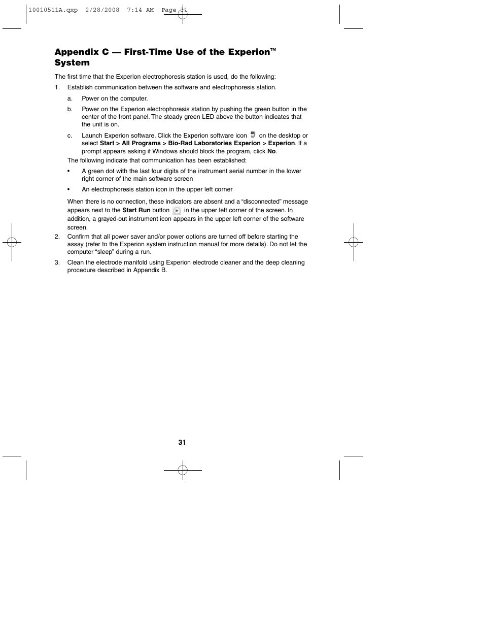 Appendix c — first-time use of the experion, System | Bio-Rad Experion Protein Analysis Kits User Manual | Page 35 / 38