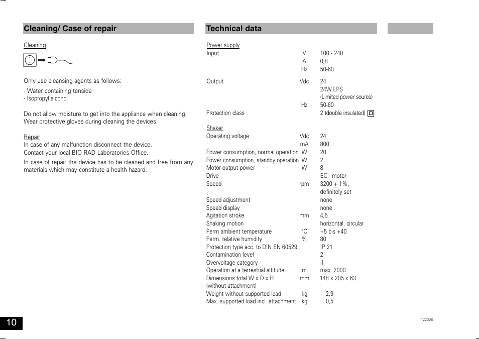 Cleaning/ case of repair, Technical data | Bio-Rad Experion™ Vortex Station II User Manual | Page 10 / 32