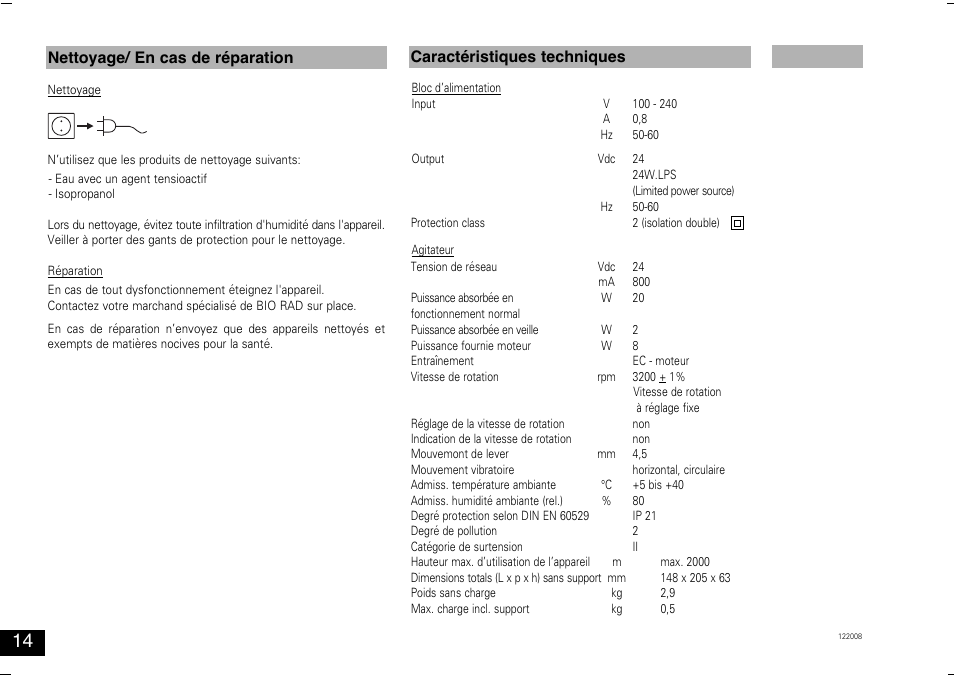 Nettoyage/ en cas de réparation, Caractéristiques techniques | Bio-Rad Experion™ Vortex Station II User Manual | Page 14 / 32