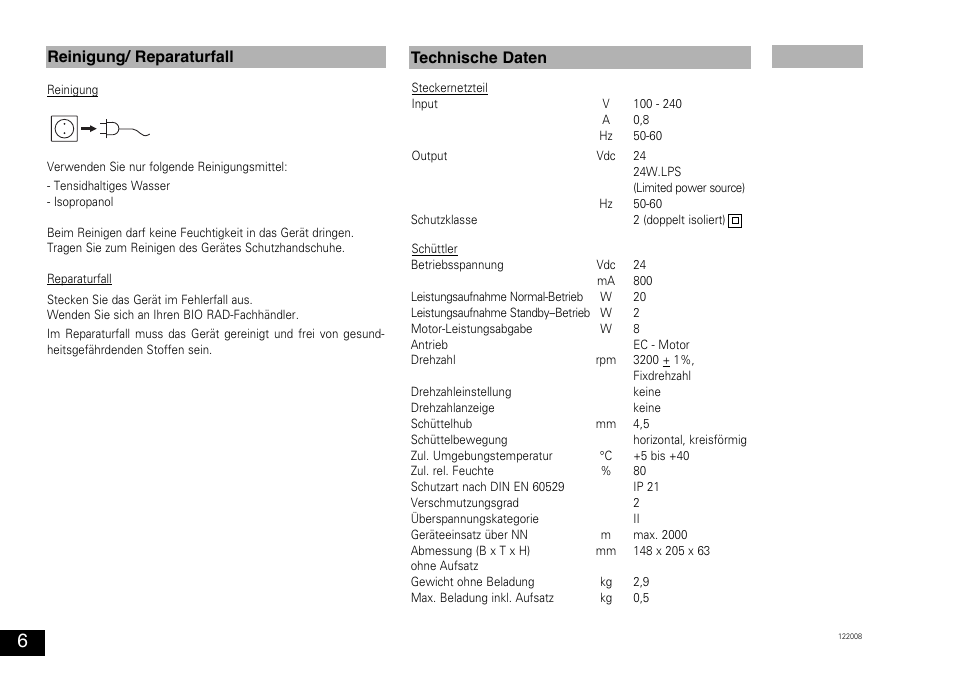 Reinigung/ reparaturfall, Technische daten | Bio-Rad Experion™ Vortex Station II User Manual | Page 6 / 32