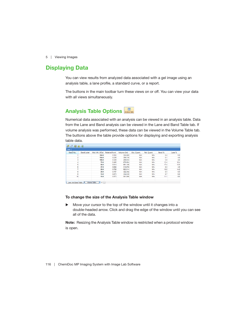 Displaying data, Analysis table options, For det | Bio-Rad Image Lab™ Software User Manual | Page 116 / 260