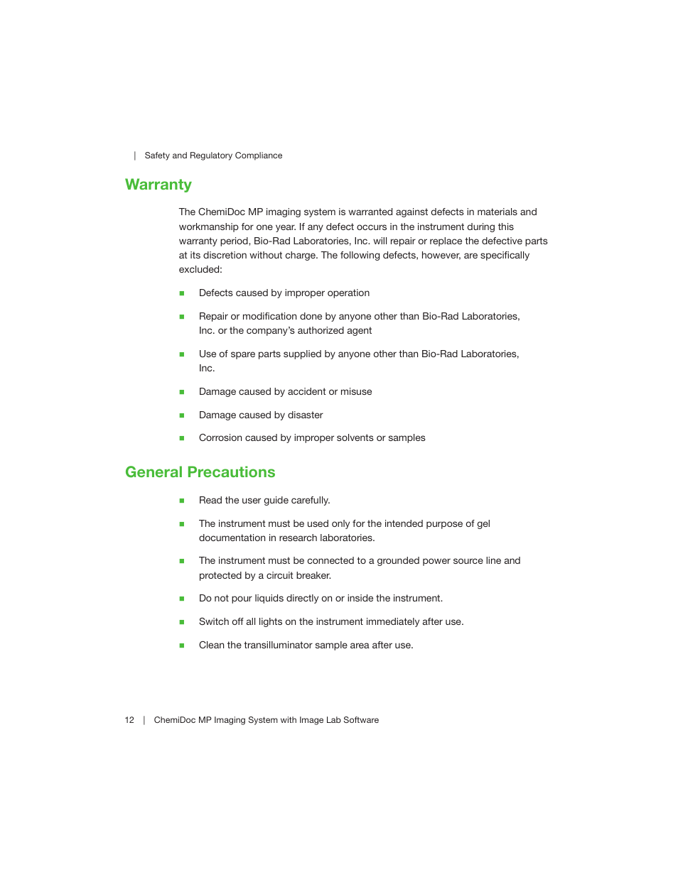 Warranty, General precautions, Warranty general precautions | Bio-Rad Image Lab™ Software User Manual | Page 12 / 260