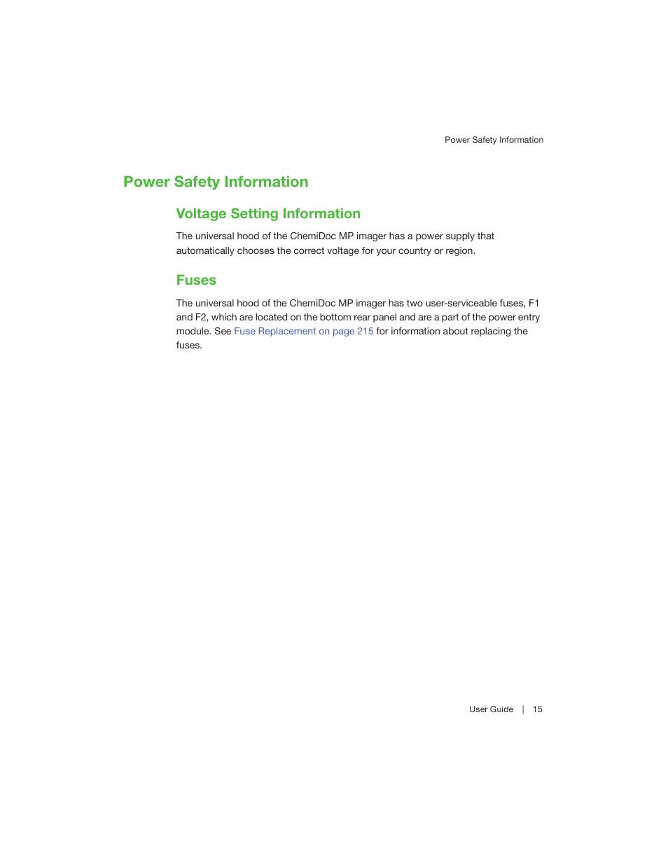 Power safety information, Voltage setting information, Fuses | Voltage setting information fuses | Bio-Rad Image Lab™ Software User Manual | Page 15 / 260