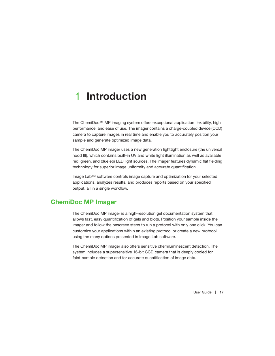1 introduction, Chemidoc mp imager, Chapter 1 introduction | 1introduction | Bio-Rad Image Lab™ Software User Manual | Page 17 / 260