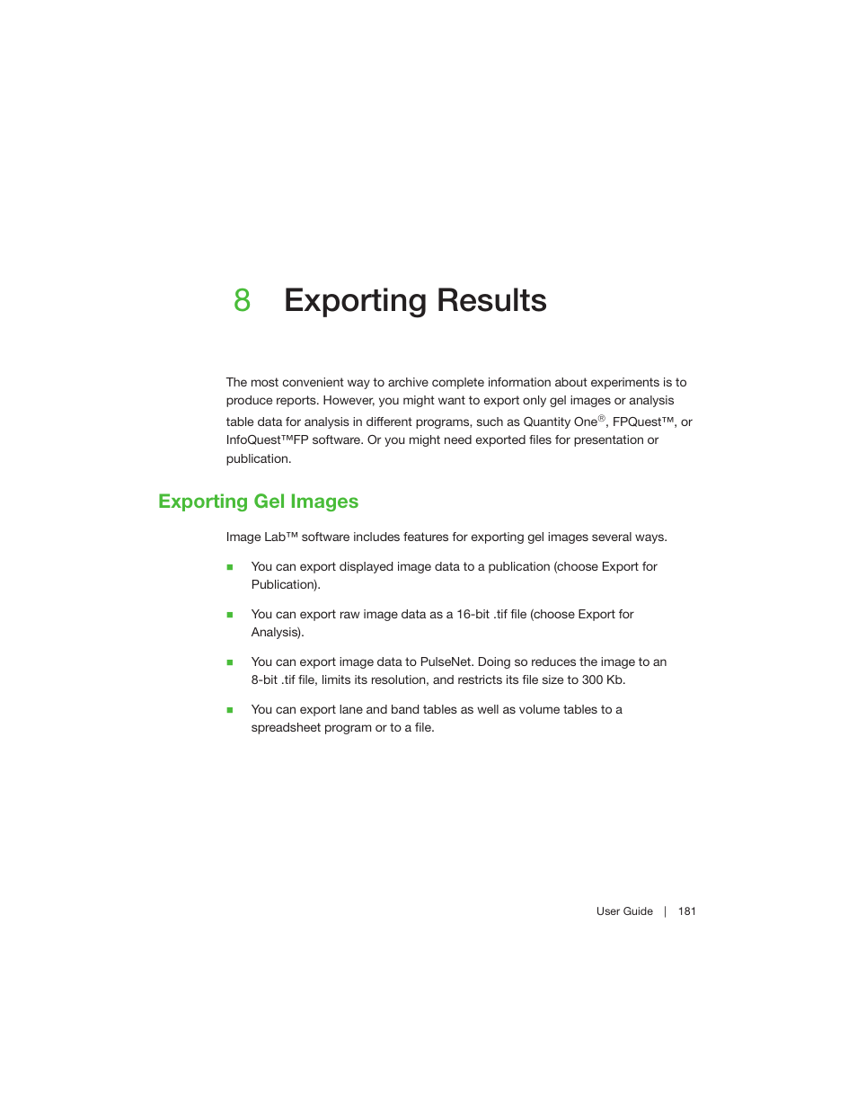 8 exporting results, Exporting gel images, Chapter 8 exporting results | Chapter 8, exporting results, 8exporting results | Bio-Rad Image Lab™ Software User Manual | Page 181 / 260