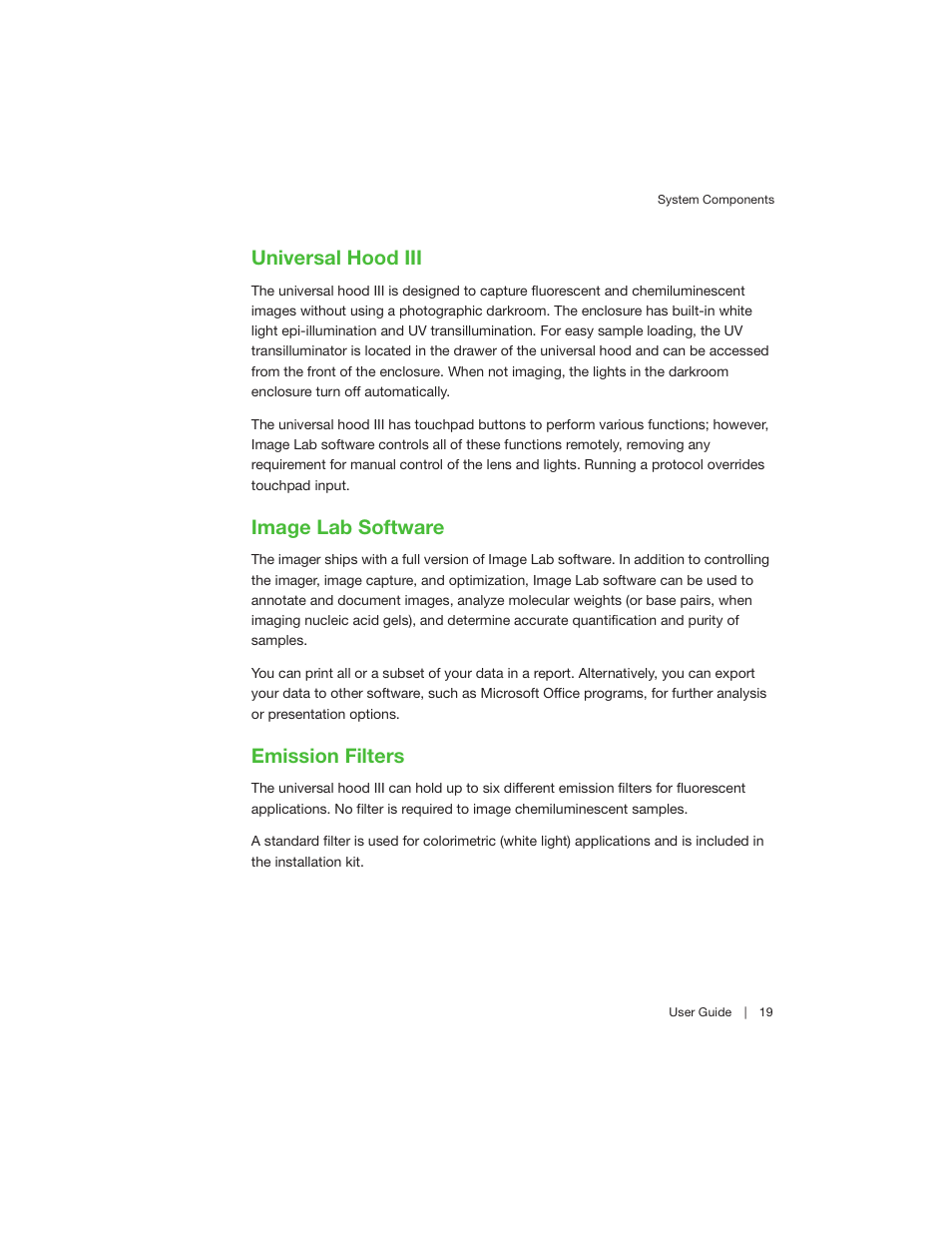 Universal hood iii, Image lab software, Emission filters | Bio-Rad Image Lab™ Software User Manual | Page 19 / 260