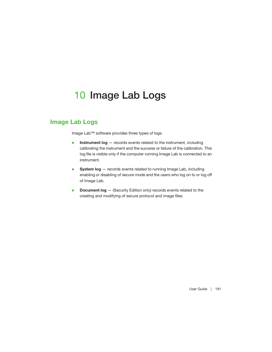 10 image lab logs, Image lab logs, Chapter 10 image lab logs | Bio-Rad Image Lab™ Software User Manual | Page 191 / 260