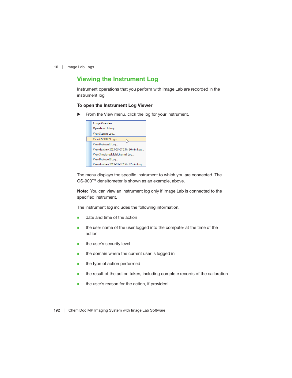 Viewing the instrument log | Bio-Rad Image Lab™ Software User Manual | Page 192 / 260