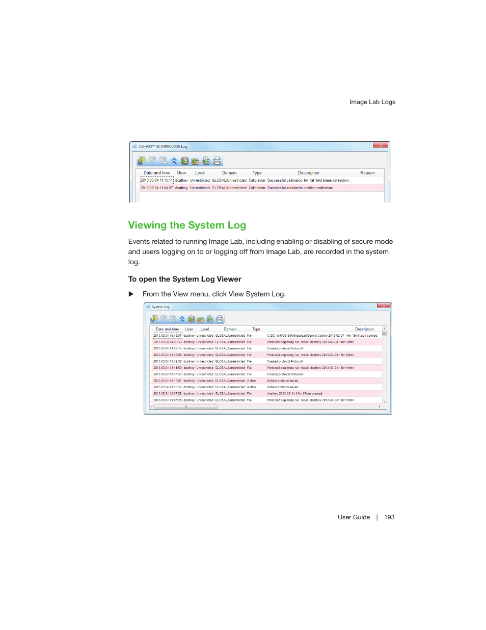 Viewing the system log | Bio-Rad Image Lab™ Software User Manual | Page 193 / 260