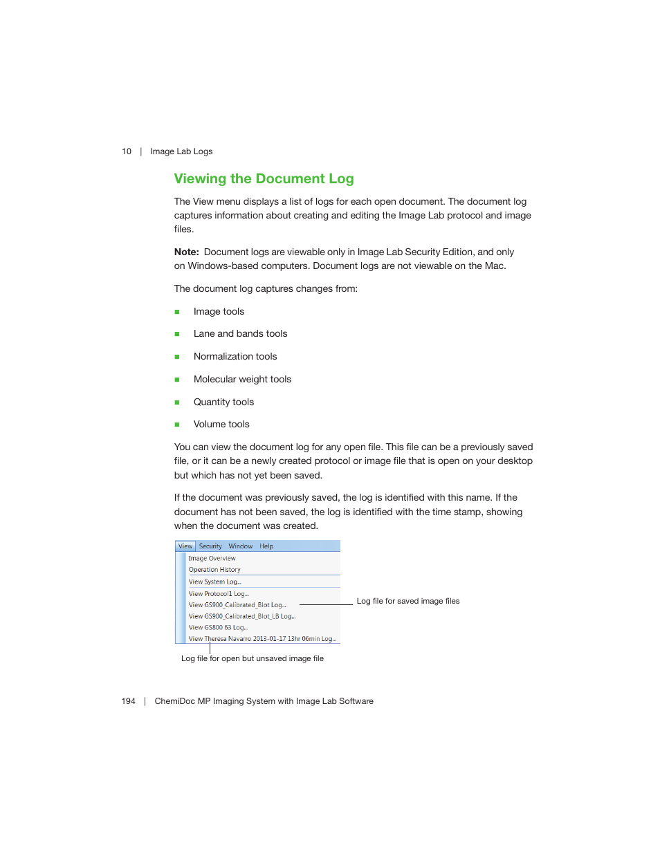 Viewing the document log | Bio-Rad Image Lab™ Software User Manual | Page 194 / 260