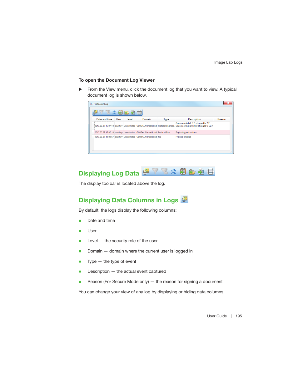 Displaying log data, Displaying data columns in logs | Bio-Rad Image Lab™ Software User Manual | Page 195 / 260