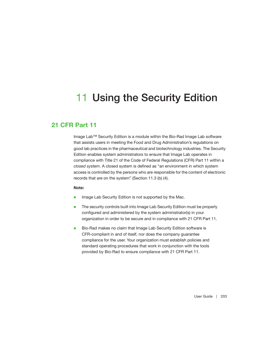 11 using the security edition, 21 cfr part 11, Chapter 11 using the security edition | Bio-Rad Image Lab™ Software User Manual | Page 203 / 260