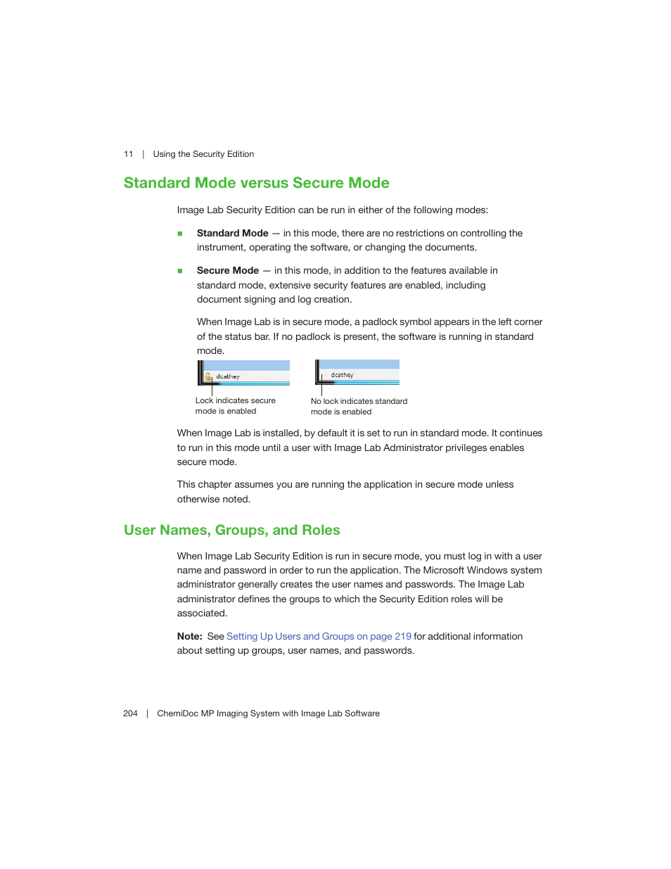 Standard mode versus secure mode, User names, groups, and roles | Bio-Rad Image Lab™ Software User Manual | Page 204 / 260