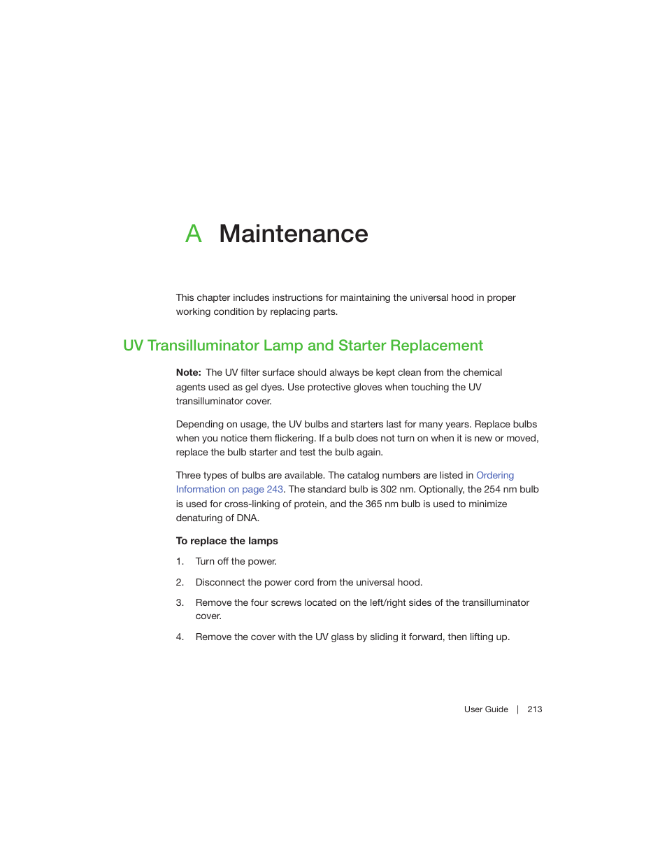 A maintenance, Uv transilluminator lamp and starter replacement, Appendix a maintenance | Amaintenance | Bio-Rad Image Lab™ Software User Manual | Page 213 / 260