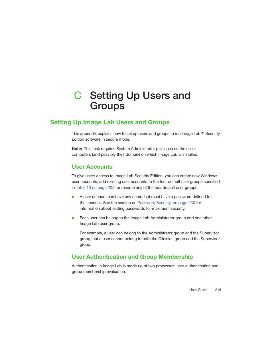 C setting up users and groups, Setting up image lab users and groups, User accounts | User authentication and group membership, Appendix c setting up users and groups, For i, Appendix c, setting up users and groups, User, Csetting up users and groups | Bio-Rad Image Lab™ Software User Manual | Page 219 / 260