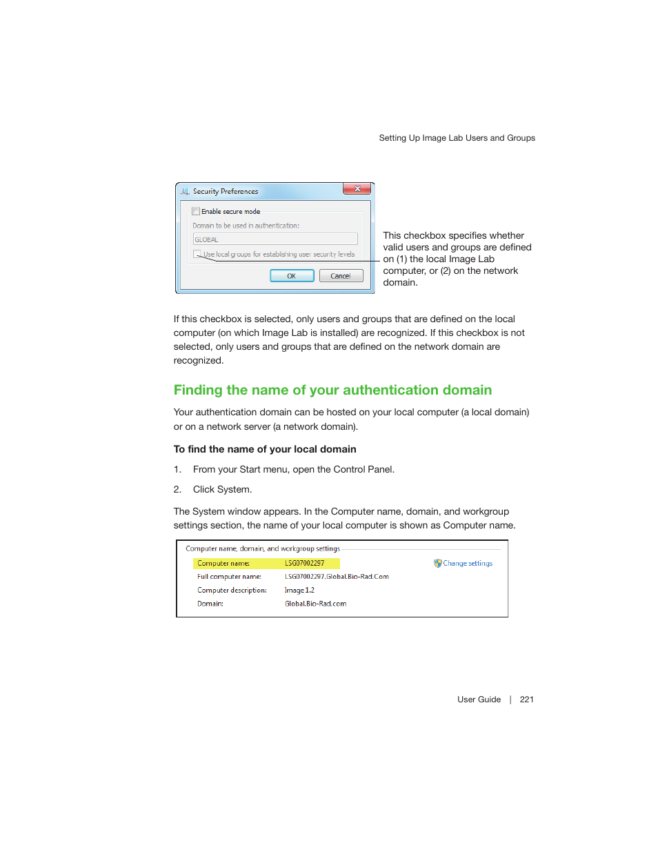 Finding the name of your authentication domain | Bio-Rad Image Lab™ Software User Manual | Page 221 / 260