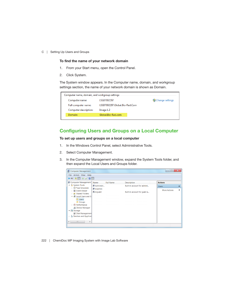 Configuring users and groups on a local computer, To find the name of your network domain on, For in | Bio-Rad Image Lab™ Software User Manual | Page 222 / 260