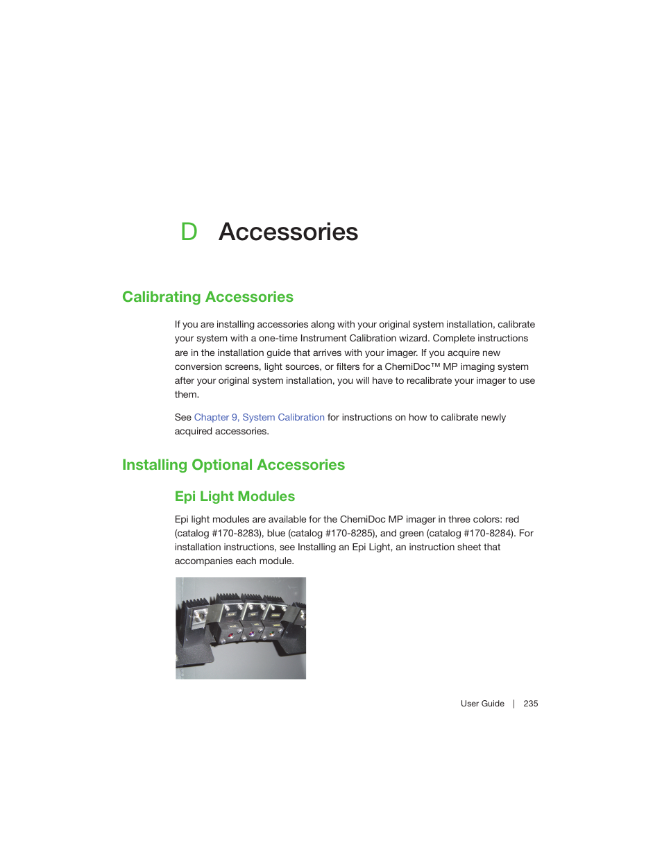 D accessories, Calibrating accessories, Installing optional accessories | Epi light modules, Appendix d accessories, Daccessories | Bio-Rad Image Lab™ Software User Manual | Page 235 / 260