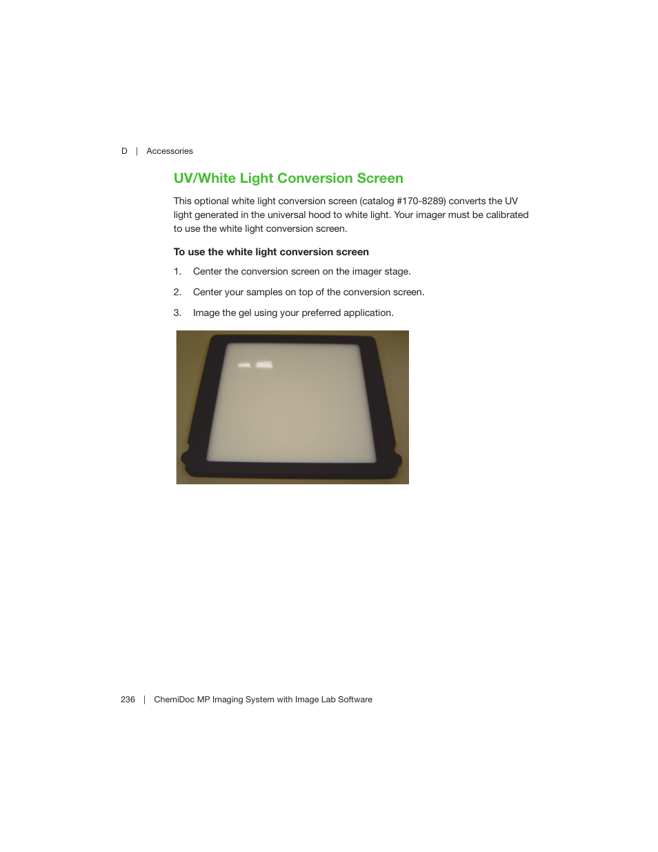 Uv/white light conversion screen | Bio-Rad Image Lab™ Software User Manual | Page 236 / 260
