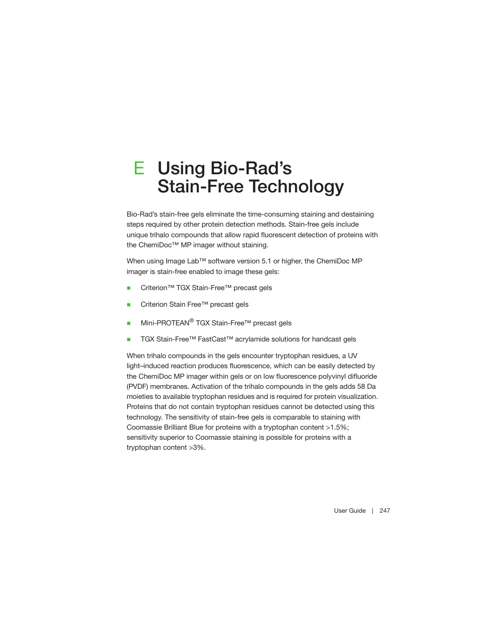 E using bio-rad’s stain-free technology, Appendix e using bio-rad’s stain-free technology, Appendix e, using bio-rad’s stain-free technology | Eusing bio-rad’s stain-free technology | Bio-Rad Image Lab™ Software User Manual | Page 247 / 260