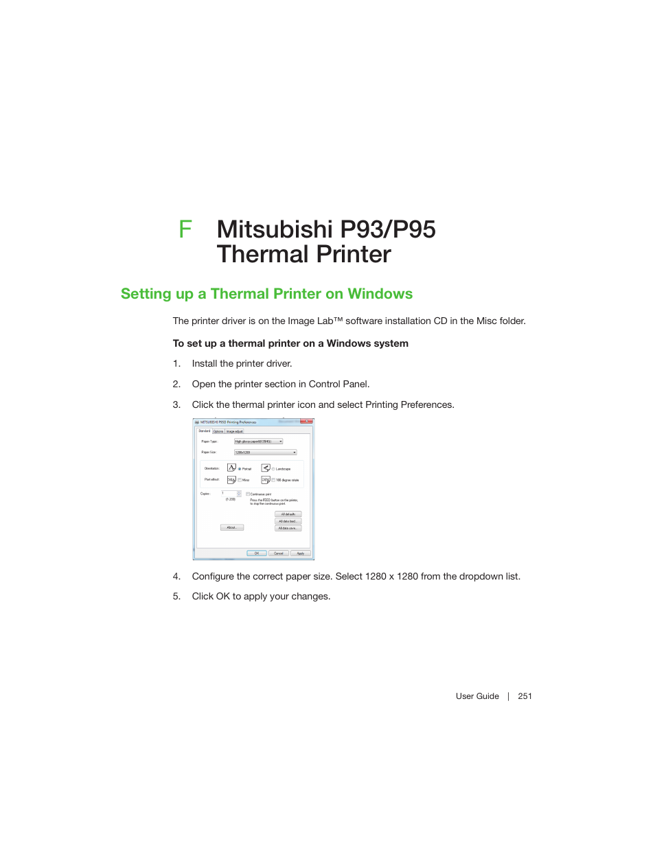 F mitsubishi p93/p95 thermal printer, Setting up a thermal printer on windows, Appendix f mitsubishi p93/p95 thermal printer | Fmitsubishi p93/p95 thermal printer | Bio-Rad Image Lab™ Software User Manual | Page 251 / 260
