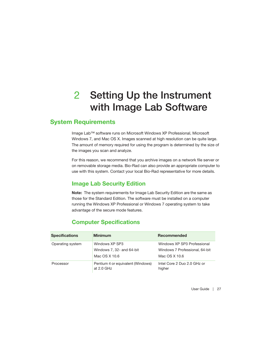 System requirements, Image lab security edition, Computer specifications | Image lab security edition computer specifications, 2setting up the instrument with image lab software | Bio-Rad Image Lab™ Software User Manual | Page 27 / 260