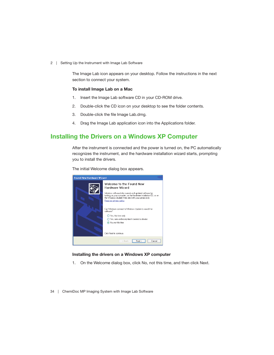 Installing the drivers on a windows xp computer | Bio-Rad Image Lab™ Software User Manual | Page 34 / 260