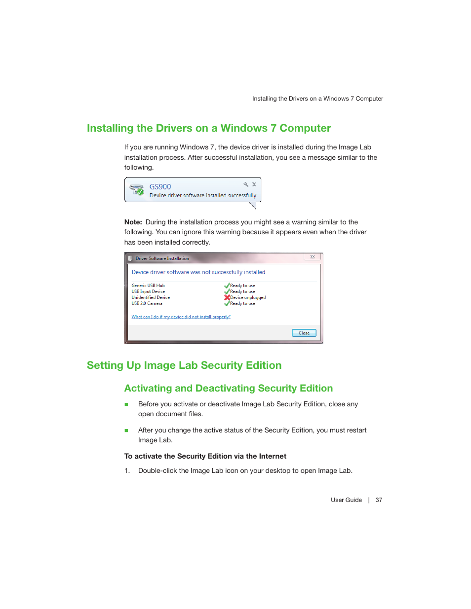 Installing the drivers on a windows 7 computer, Setting up image lab security edition, Activating and deactivating security edition | Bio-Rad Image Lab™ Software User Manual | Page 37 / 260