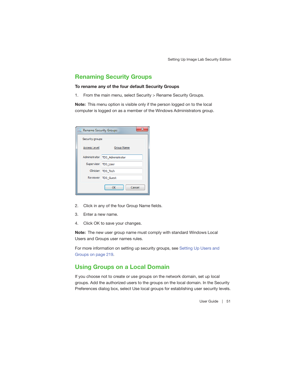 Renaming security groups, Using groups on a local domain | Bio-Rad Image Lab™ Software User Manual | Page 51 / 260
