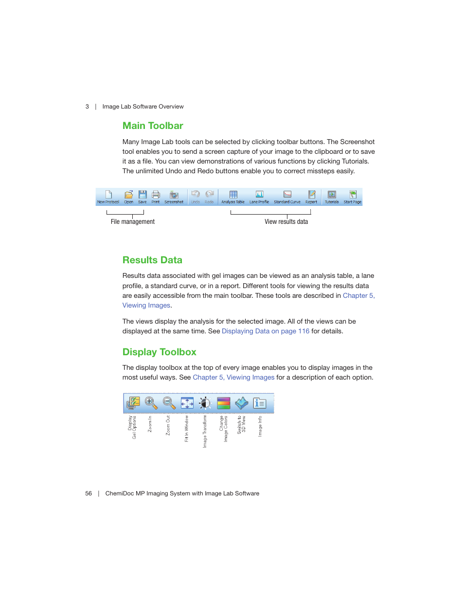 Main toolbar, Results data, Display toolbox | Main toolbar results data display toolbox | Bio-Rad Image Lab™ Software User Manual | Page 56 / 260