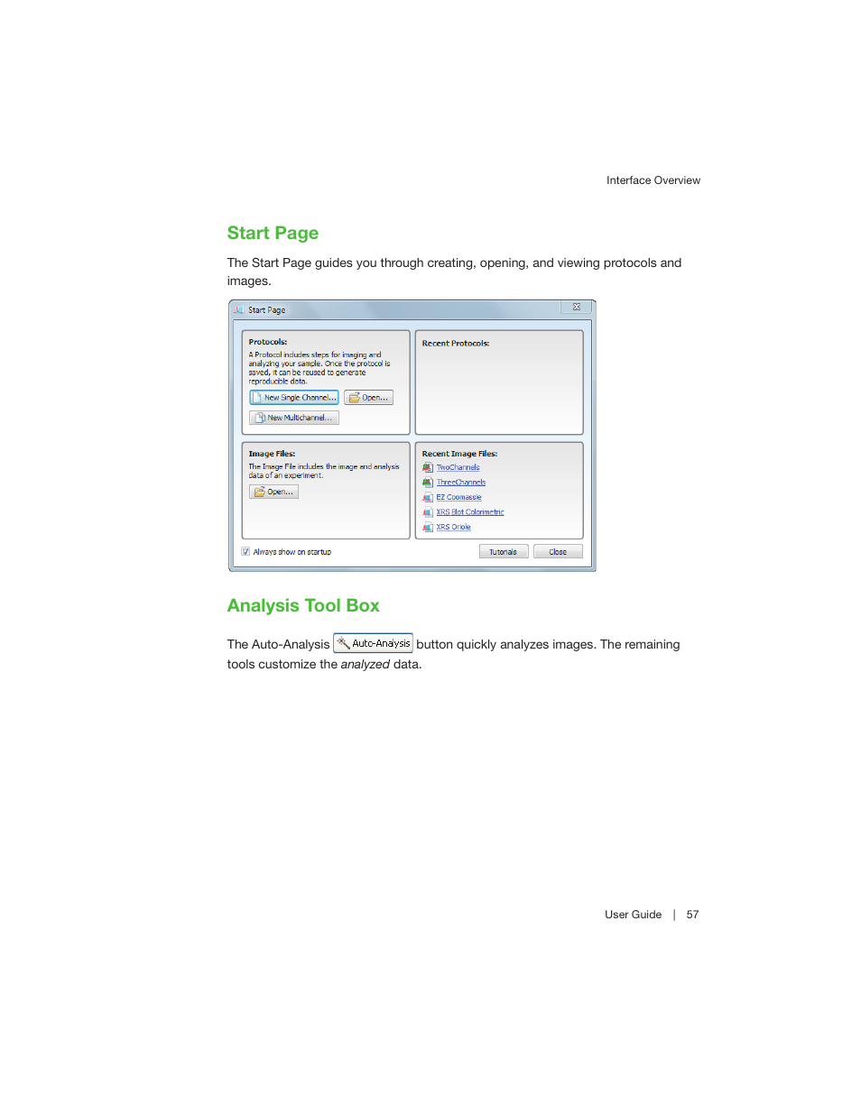 Analysis tool box, Start page | Bio-Rad Image Lab™ Software User Manual | Page 57 / 260